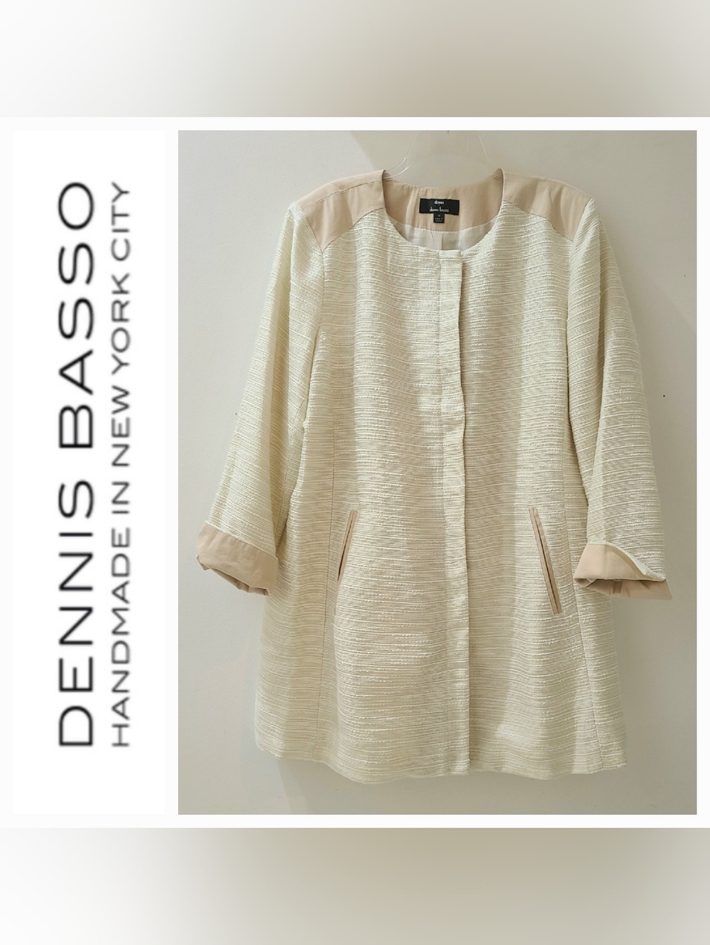 Dennis By Dennis Basso Textured Contrast Trim Topper Coat in Ivory Sz 1X